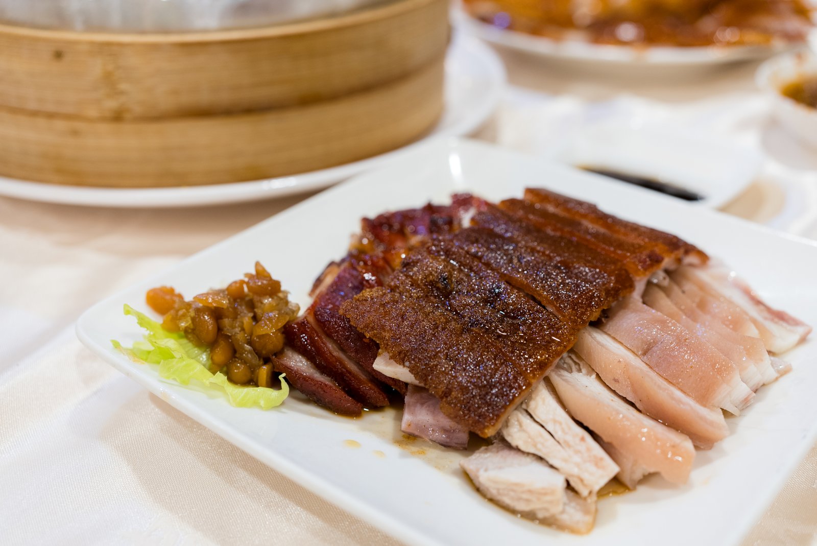 Close-up of Shanghai soup dumplings and Beijing-style roasted dishes showcasing regional Chinese cuisine in NYC.