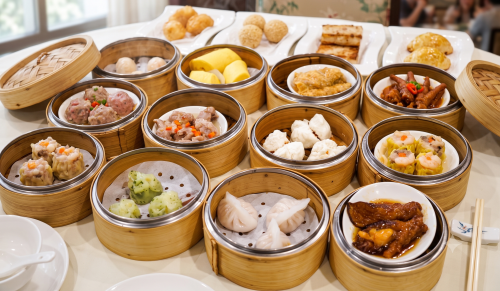 Assorted steamed dim sum baskets served near Grand Central Station at Evergreen On 38 in Midtown Manhattan